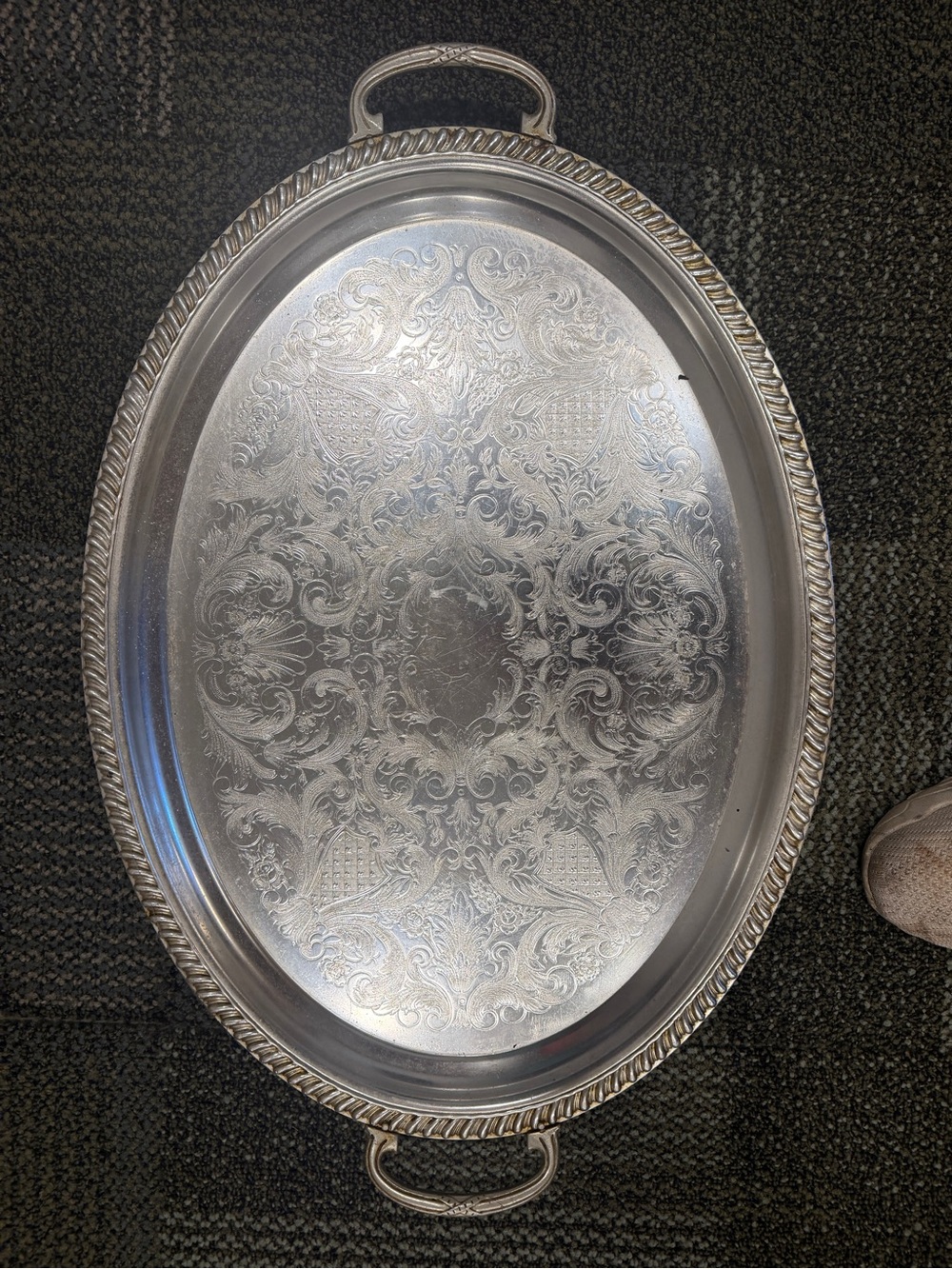 Silver Decorative Serving Tray with Ornate Etching